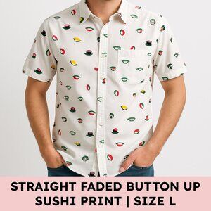 Straight Faded Cotton Sushi Print Short Sleeve Button Down Shirt Festivalcore L